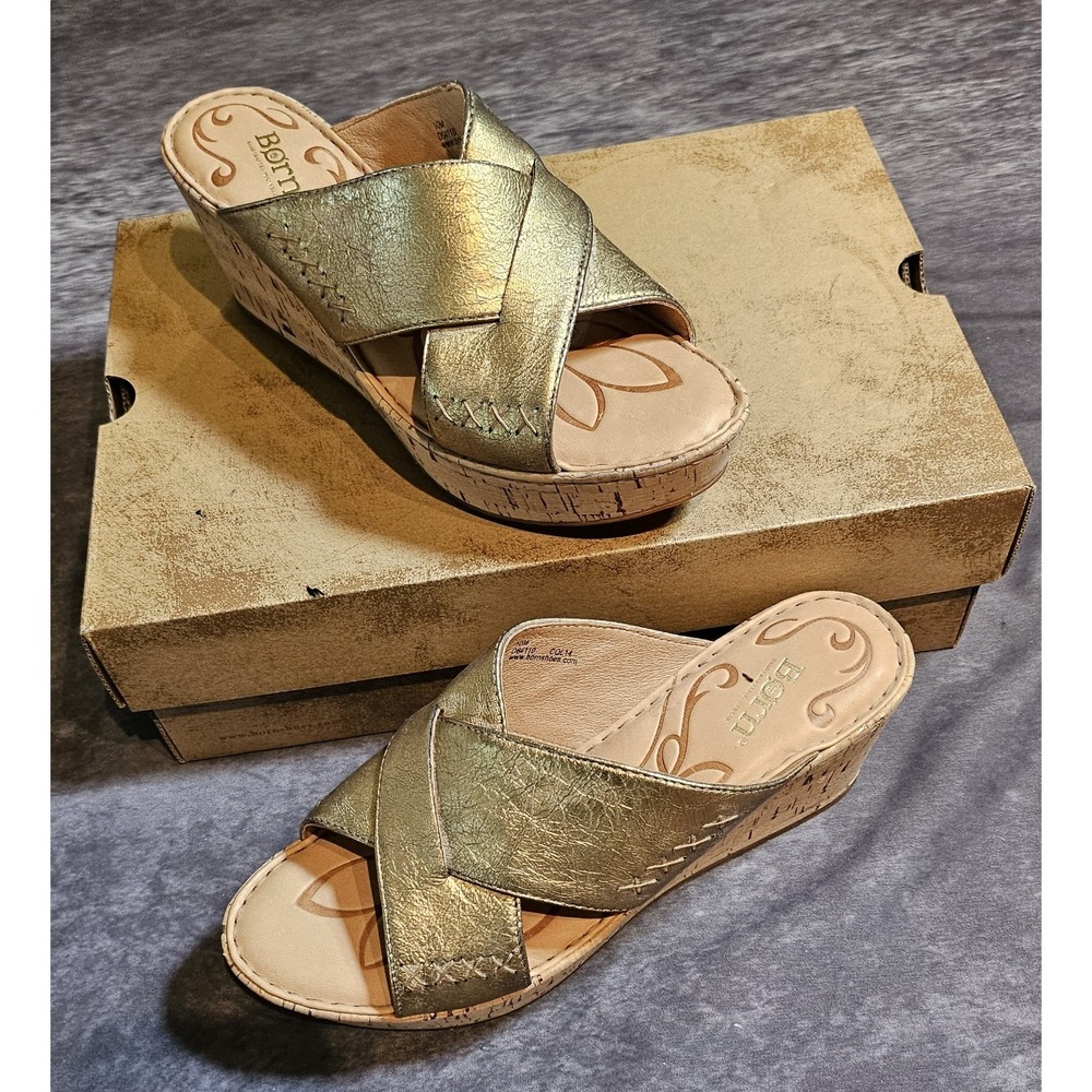 Born Women Metallic Gold Leather Crisscross Comfort Platform Wedge Slide SZ 10M